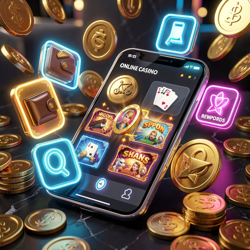 GL999 online casino app features displayed on a smartphone surrounded by icons for wallet, games, support, and rewards with golden coins and neon lights in a luxury 3D render