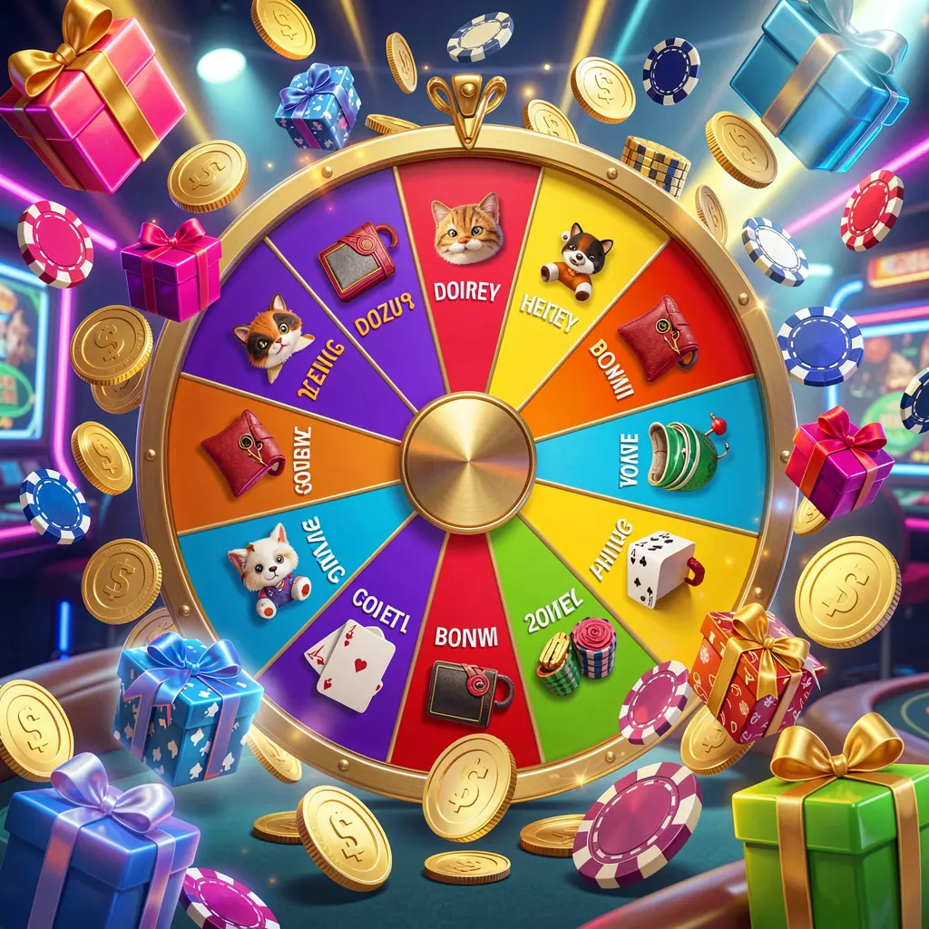 GL999 casino bonus wheel with colorful prize sections, surrounded by golden coins, chips, and gift boxes under bright neon casino lights in a dynamic composition