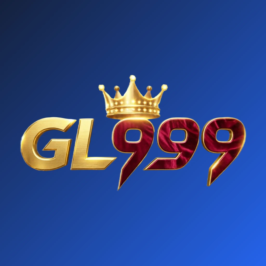 Dynamic GL999 casino-style logo with massive bold gold and crimson lettering, glowing crown, and sparkling light effects on a transparent background, designed as a wide horizontal rectangular wordmark for website header