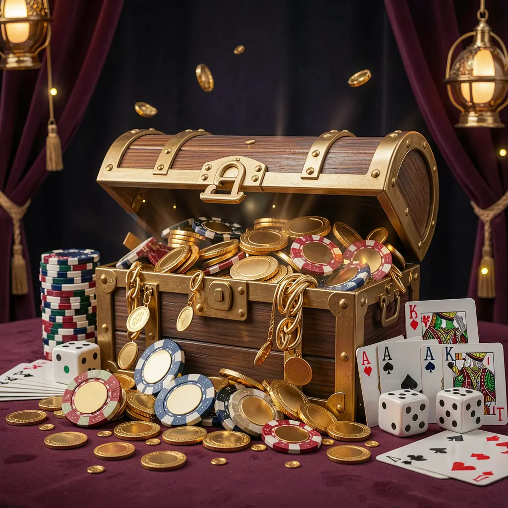 GL999 online casino welcome banner featuring a treasure chest filled with golden coins and casino chips, playing cards and dice nearby against a dark luxury background with a festive premium atmosphere